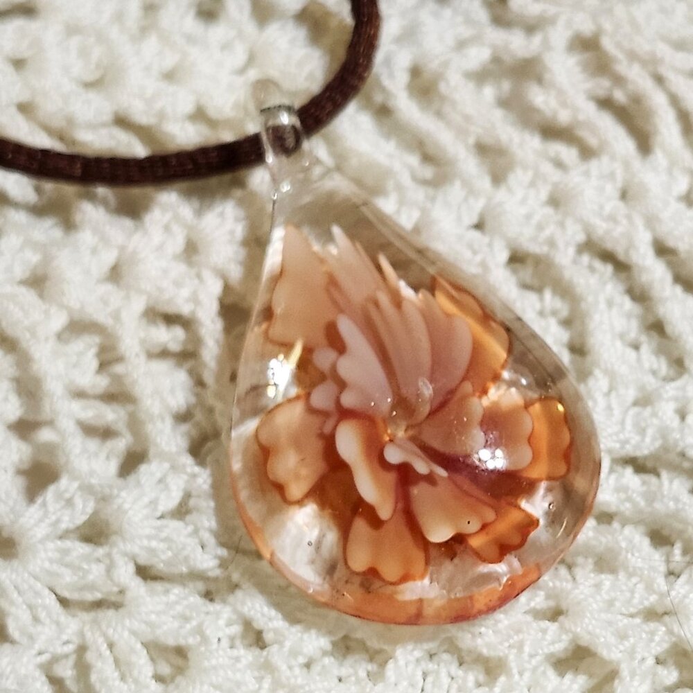 Vintage 90s blown glass floral pendant on silk cord